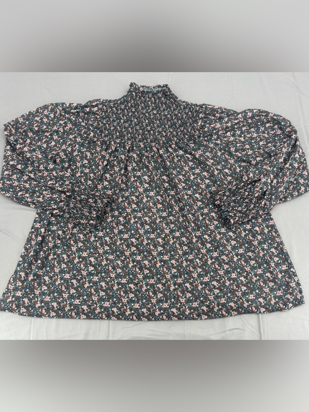 Buckle Black Floral Smocked High-Neck Blouse with Pink Accents